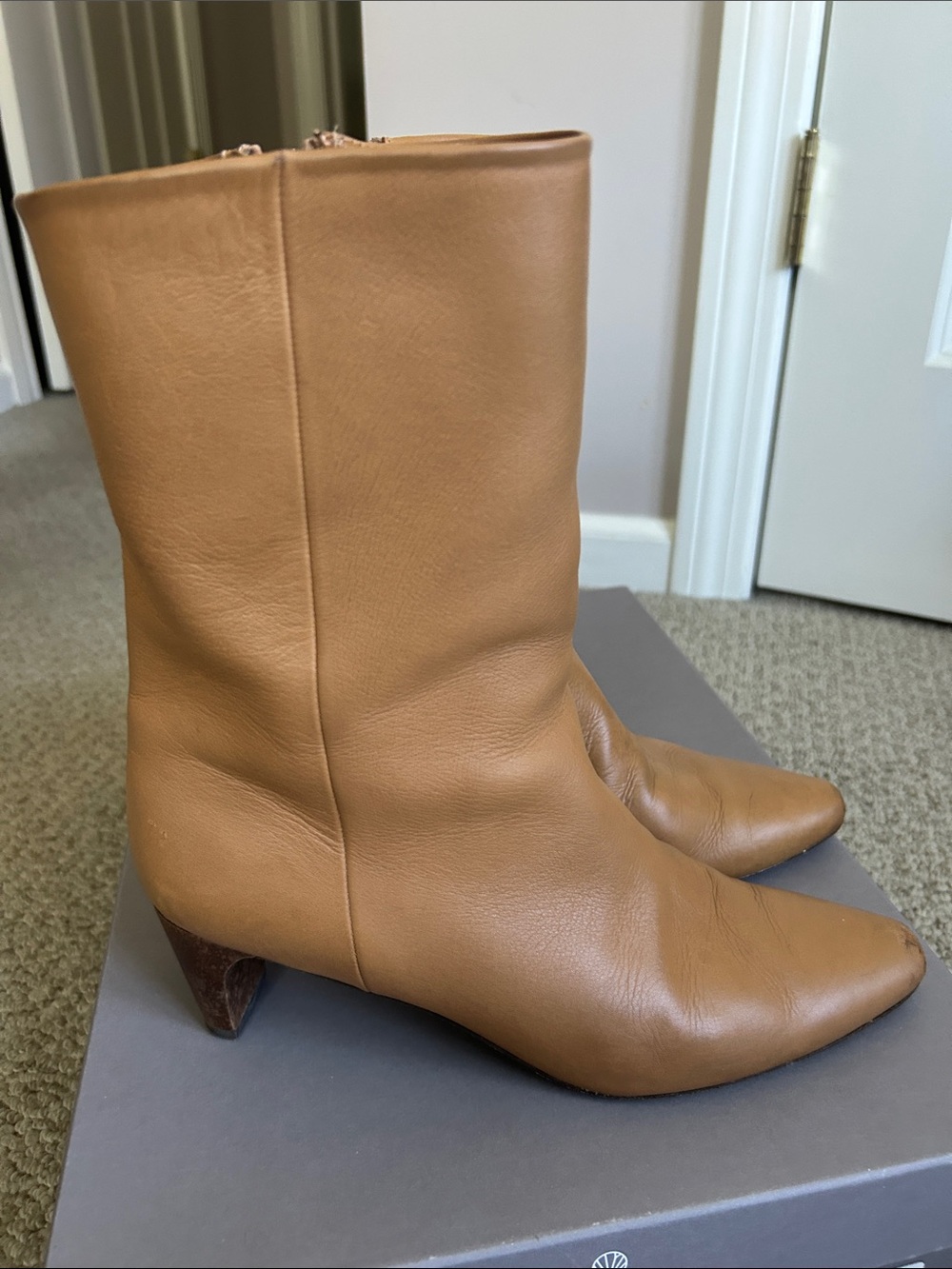 COCLICO Camel Tan Leather Mid-Calf Pointed Heel Boots